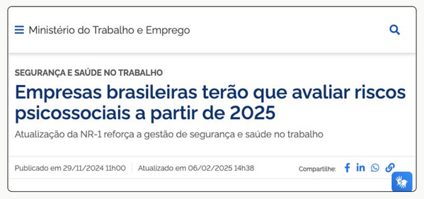Ministério do Trabalho e Emprego: Empresas brasileiras terão que avaliar riscos psicossociais a partir de 2025